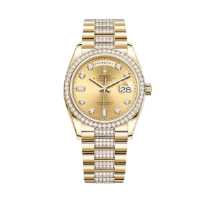 Rolex Day-Date 36 128348RBR Yellow Gold Diamond Bezel Champagne Diamond Dial