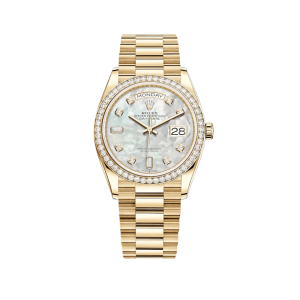 Rolex Day-Date 36 128348RBR Yellow Gold Diamond Bezel Mother of Pearl Diamond Dial